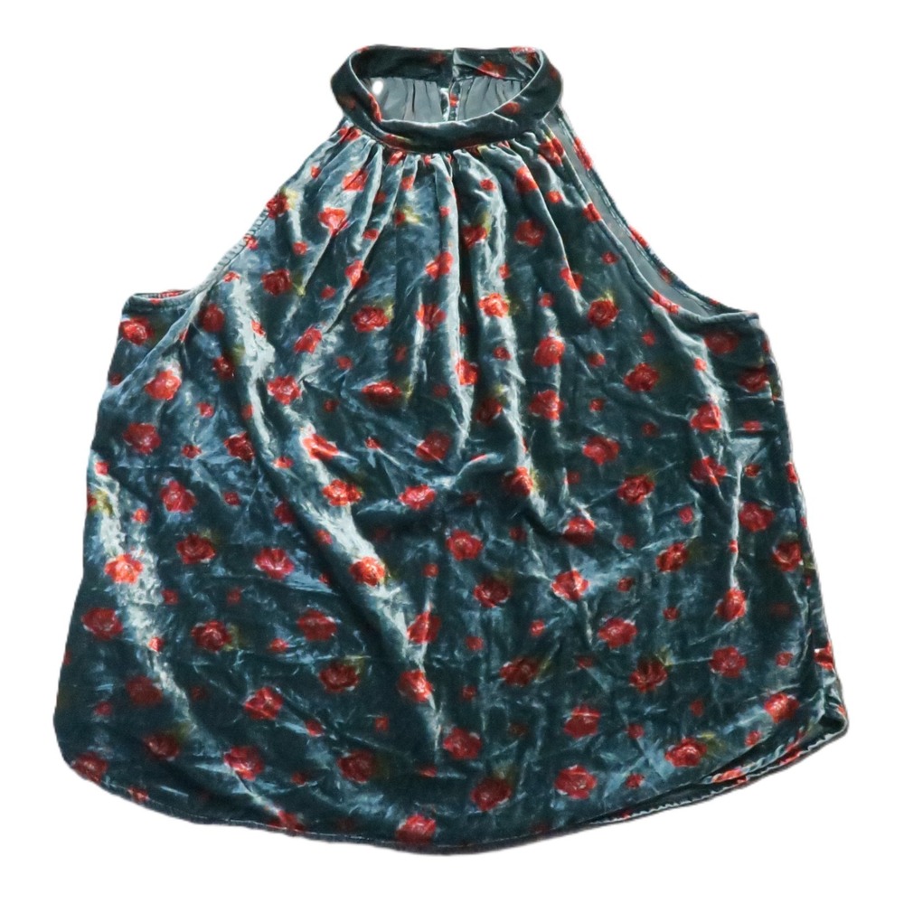 Loft Floral Velvet Shirred Halter Tank Top L Green Red Roses Whimsigoth Holiday